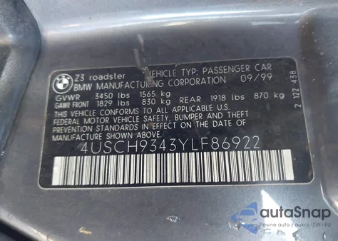 2000 BMW Z3 2.3 z USA, uszkodzony, nr VIN 4USCH9343YLF86922